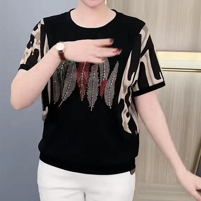 短袖T恤 印花燙鑽上衣, 黑色 羽毛款,6XL 建議92.5-100.5公斤, 黑色, 羽毛款