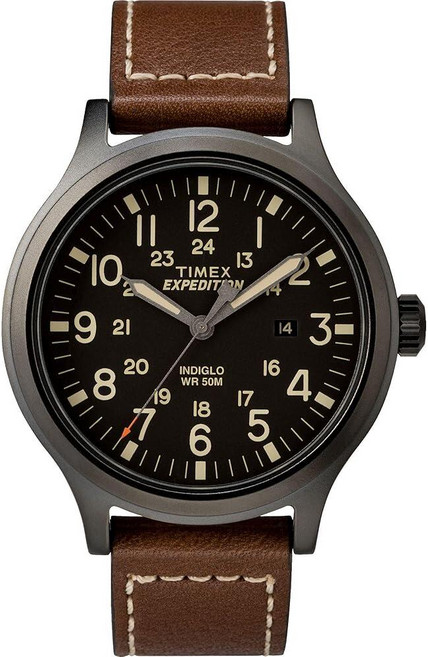 Timex 남성용 TW4B11300 Expedition Scout 43mm 브라운/블랙 가죽 스트랩 시계