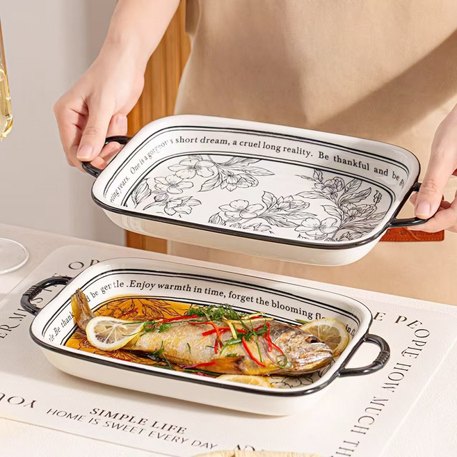 동백꽃 양손잡이 생선접시 직사각 스시 돈까스 접시 세트32cm[가족 파티추천], 화이트, 단품, 2개