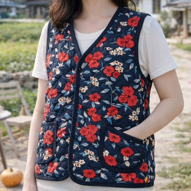 (색상 시골 갬성 ) 누빔 할머니조끼 엄마 플라워 F790 레트로 파티 복고풍 카리나 조끼