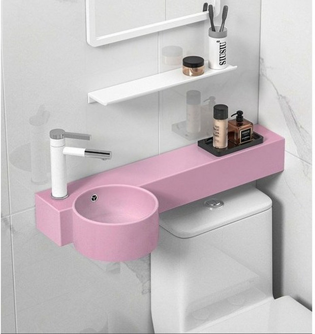 올인원 긴 세면대 세라믹 핑크 미니 세면기 변기위 선반세면대, 오른쪽, 70CM