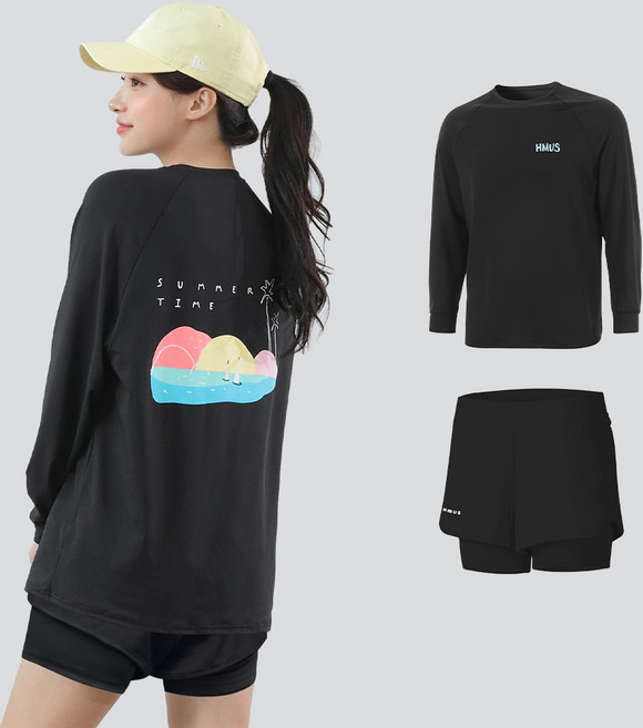 남자 여자 루즈핏 긴팔 래쉬가드 상의 + 반바지 레깅스 상하의 세트