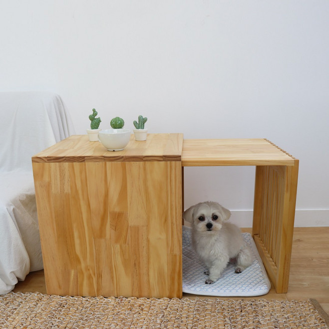 [마리베] 큐브 소나무 원목 슬라이드 협탁 강아지 집 [SHT_120], 내추럴