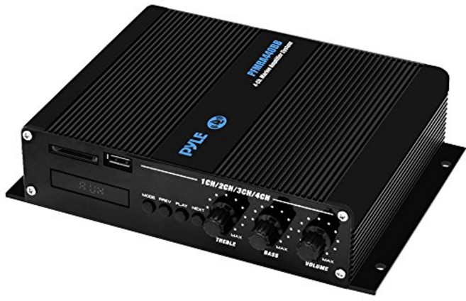 Pyle 4채널 해양 증폭기 - 소형 전력 400와트 RMS 4 OHM 전체 범위 스테레오 및 방수 - LCD 디지털 화면이 있는 무선 Bluetooth 수신기 오디오 스피커 - PFMRA440BB