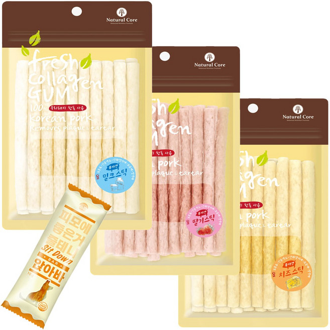 네츄럴코어 애견껌 콜라겐스틱 20Px3개 + 덴탈껌1P, 300g, 1세트, 밀크+치즈+딸기20P x 3개+덴탈껌1P