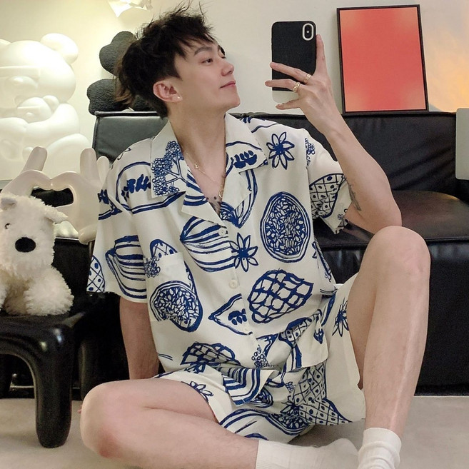 情侶睡衣 冰絲綢家居服套裝, 1個, DX5051-1【單男套】女L+男XXL