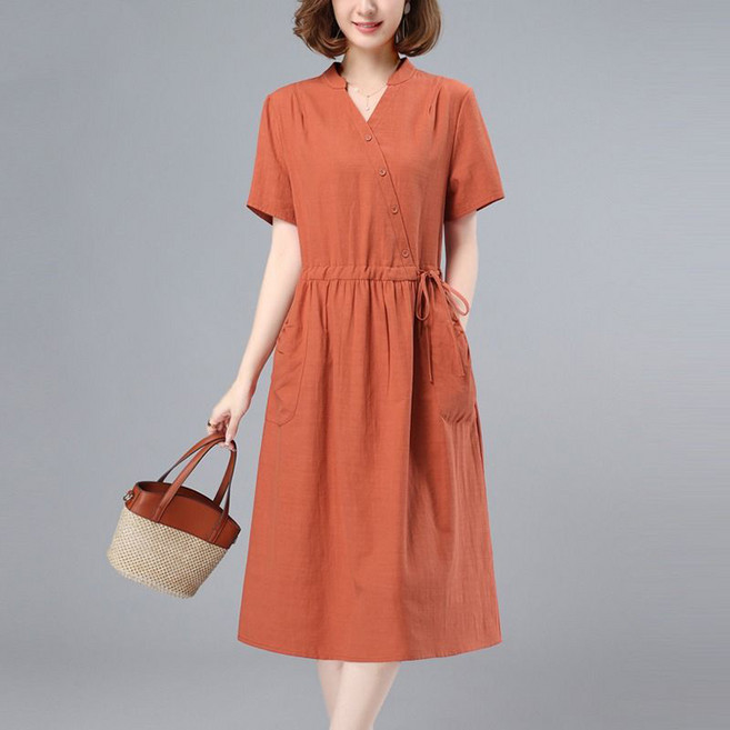 ORZQU 여성 원피스 미디 허리 스트링 반팔 중년 엄마 루즈핏 빅사이즈 원피스