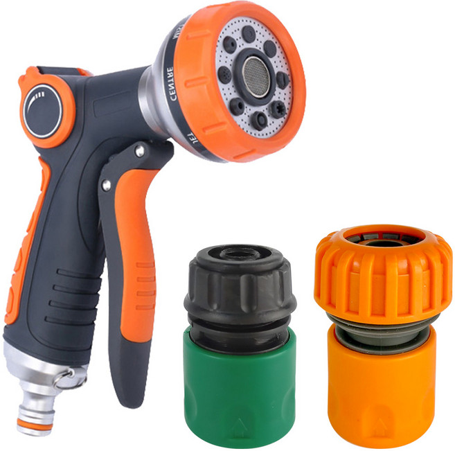 8기능 수압조절 분사기 세트(16-19mm) 베란다 욕실 화장실 청소건 세차 정원 텃밭 물 호스 분사기 스프레이건 워터건, 혼합색상, 1세트