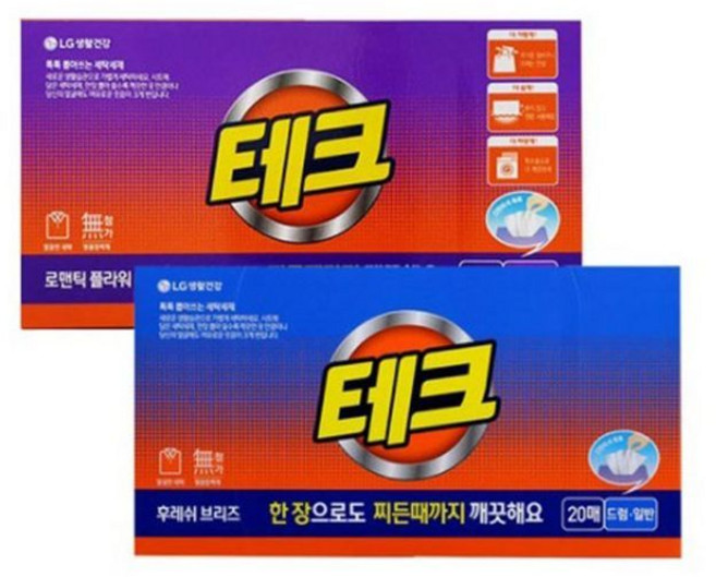테크 간편 시트세제 일반드럼 겸용 후레쉬 브리즈향, 20개입, 2개