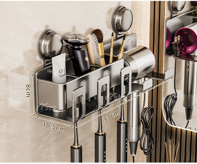 [청이스토어] 화장실 멀티 3in1 무타공 칫솔 걸이 수납형 칫솔꽂이 헤어드라이기 기치대 3구/4구 칫솔걸이 드라이기 홀더, 1개, 그레이-3구