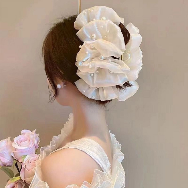 [iLorMic]광택 진주 주름 리본 초대형 헤어집게핀