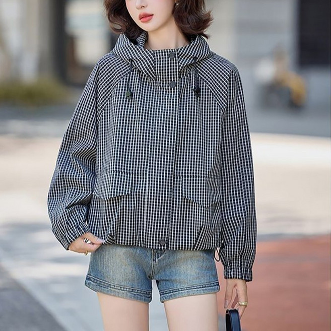 ORZQU 봄 여성 후드 체크 재킷 루즈핏 캐주얼 코트