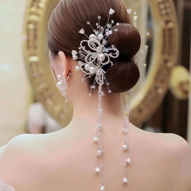 FANSYLI 웨딩헤어핀 신부 한복머리장식 뒤꽂이 혼주 결혼식 올림머리장식 리본자동핀 한 쌍U0815F02