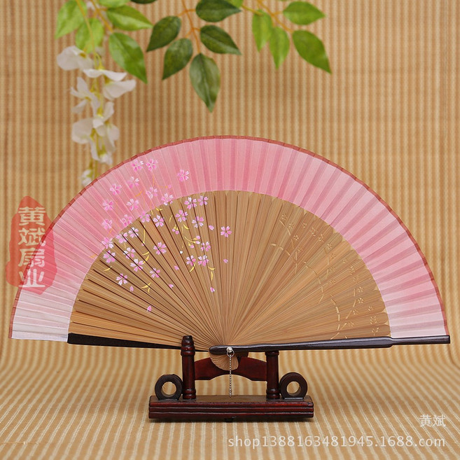 暢銷櫻花扇噴繪摺扇烤漆扇女士精品摺扇日本扇, 1個, 12號棕骨粉紅色面:如图