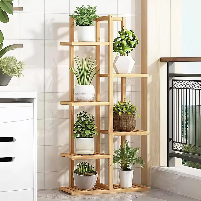 방일 플로어 스탠딩 다층 계단식 화분선반대, 6단, 원목색