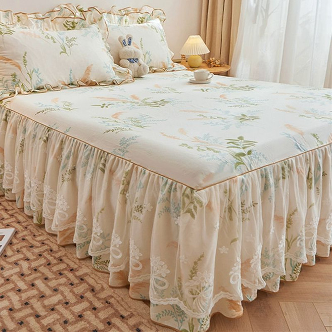 예쁜 꽃무늬 순면 레이스 침대 스커트 슈퍼킹 라지킹 퀸 매트리스 베드 패드 롱 커버
