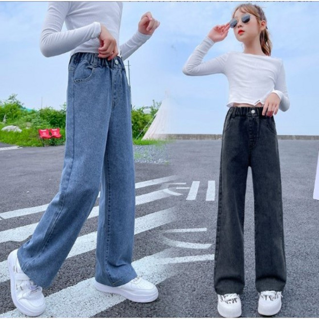 아이짱 초등학생 주니어 여아 봄가을 와이드 통 청바지 고학년