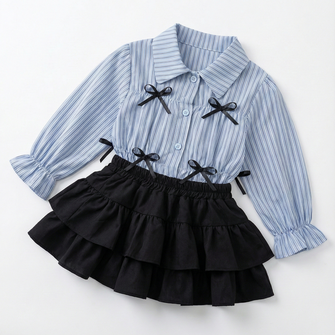 키즈 여아 러블리 치마세트 리본 스트라이프 블라우스 캉캉 밴딩 스커트 투피스 어린이 하객룩 발표회 코디