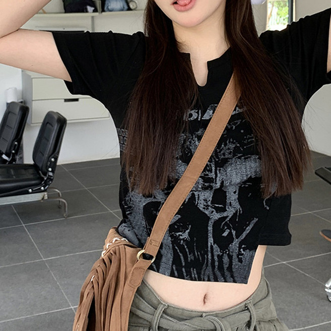 cammello 언발란스 크롭 반팔티 키홀넥 프린팅 반팔 크롭티