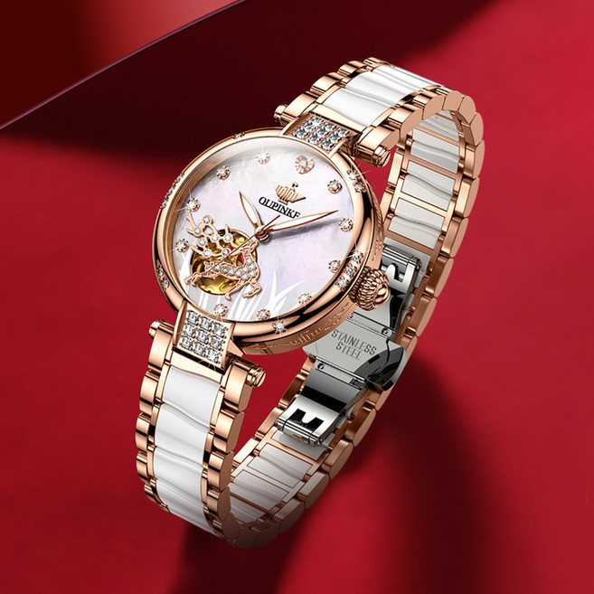 OUPINKE 여성시계 기계식 오토매틱 럭셔리 명품 워터프루프 야광 메탈시계