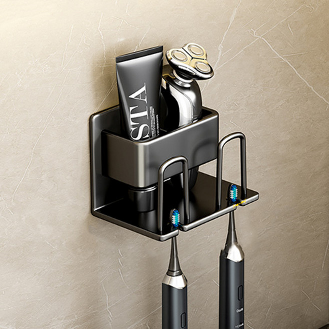 무타공마켓 수납형 강력접착 치약 칫솔꽂이, 블랙, 1개
