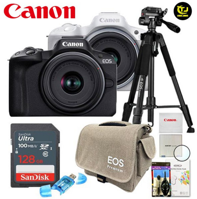 캐논 정품 EOS R50 18-45mm STM 렌즈 KIT/EOS삼각대 패키지 8종세트/128G+EOS전용가방+MCUV필터+삼각대+카드리더기+청소도구+극세사융+액정보호필름/TJ, 블랙
