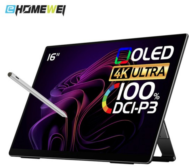 EHOMEWEI 휴대용 모니터 스타일러스 터치 모니터 노트북 PC PS5 XBOX용 RO5 Pro OLED 16 인치 4K 60HZ 100, 01 China Mainland