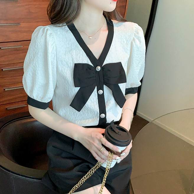 밍키비 100198C 블랙왕리본 여성 반팔 블라우스