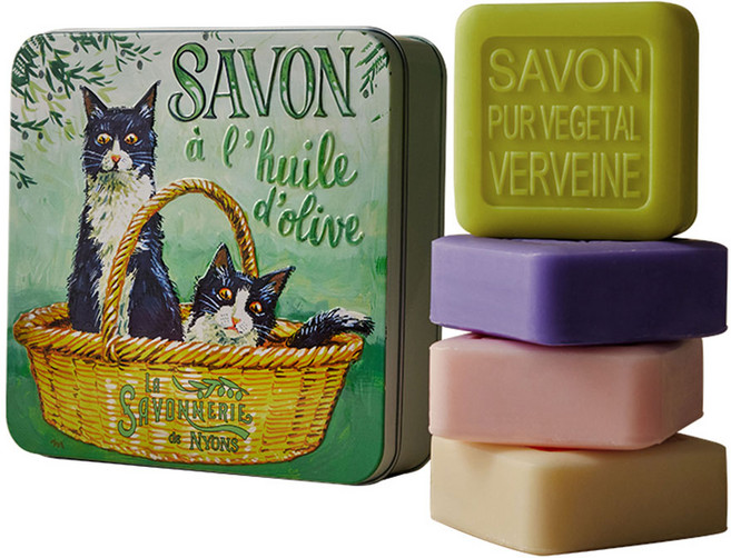 라 사본느리 드 니옹 프랑스 비누 대형 틴케이스, 향수비누_바구니속 고양이(33566), 100g, 4개입