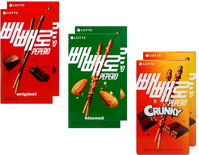 롯데웰푸드 빼빼로 3종 2개씩 (초코 오리지널54g+아몬드37g+크런키39g), 1개