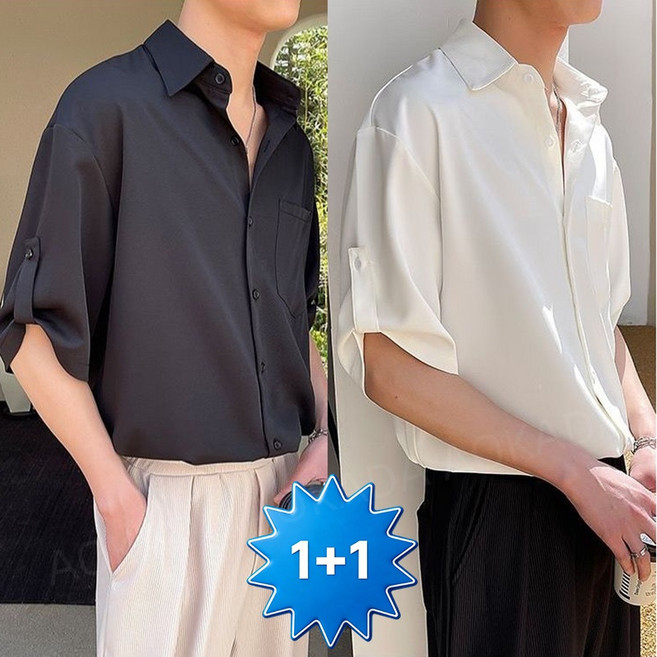 AOKADA 1+1 남성 7부 롤업 반팔 셔츠 링클프리 찰랑감 쿨 티셔츠 솔리드 심플 여유로운 세미 오버핏