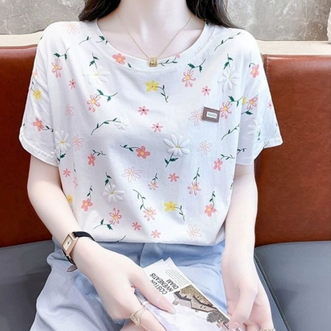 아르바니 샐리마틴 플라워 반팔 티셔츠 1color 라운드 여성 모달티셔츠 레이어드티 오버핏 면티 데일리