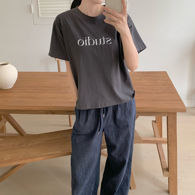 더보느 여성용 스튜 실켓 레터링 라운드 반팔티셔츠