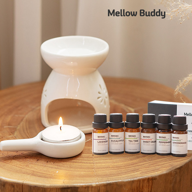 멜로우버디 천연 아로마 오일 6종 세트 +오일버너 워머 램프, 오일버너+에센셜오일6종세트, 1개