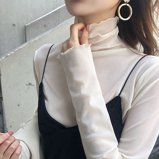 티류으스 여성 봄가을 얇은 레이스 목폴라 이너 티셔츠 화이트 피코트 소매 슬림핏 망사 시스루 WY