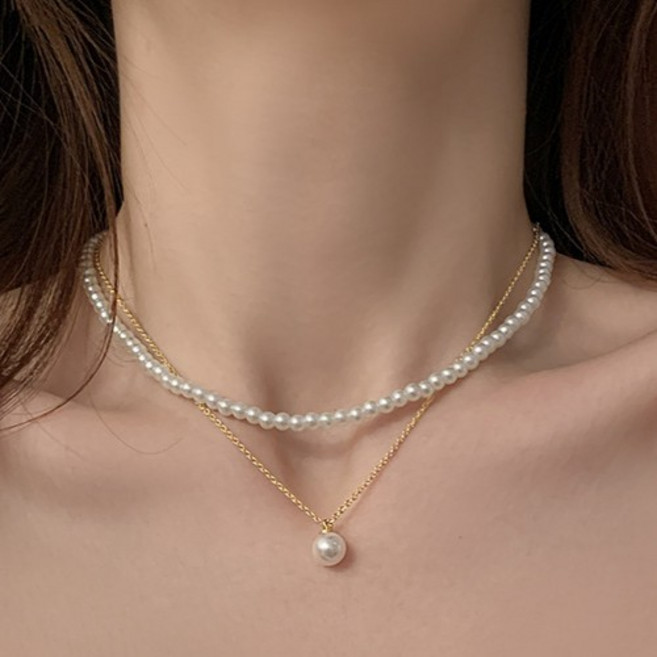 진주목걸이7mm 진주레이어드목걸이+진주포인트금목걸이 세트상품