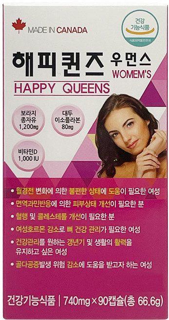 해피퀸즈 우먼스 180캡슐 보라지종자유 레드클로버 여성 갱년기, 1개, 90정