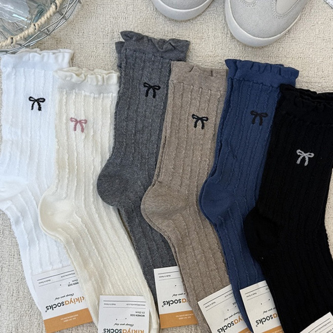 리본양말 여성중목 패션삭스 귀여운 꽈배기무늬 패턴 컬러 심플한 국산 키키야삭스