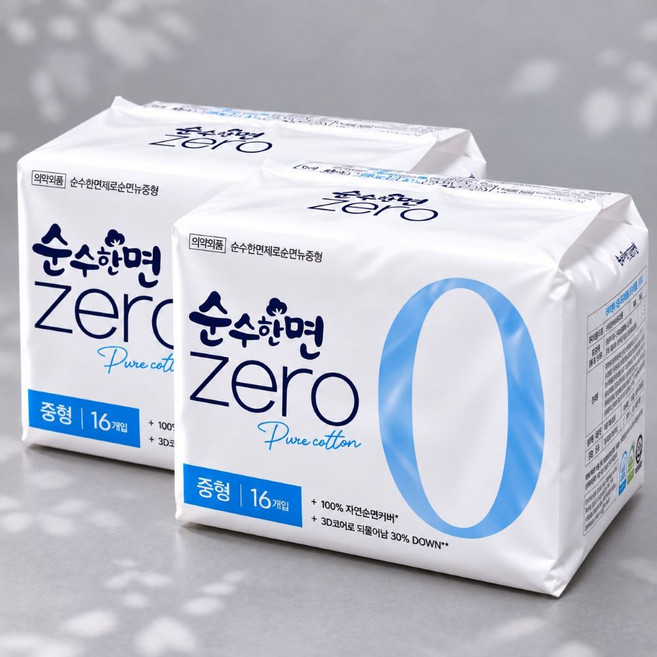 순수한면 제로 생리대 날개형, 중형, 16개입, 2개