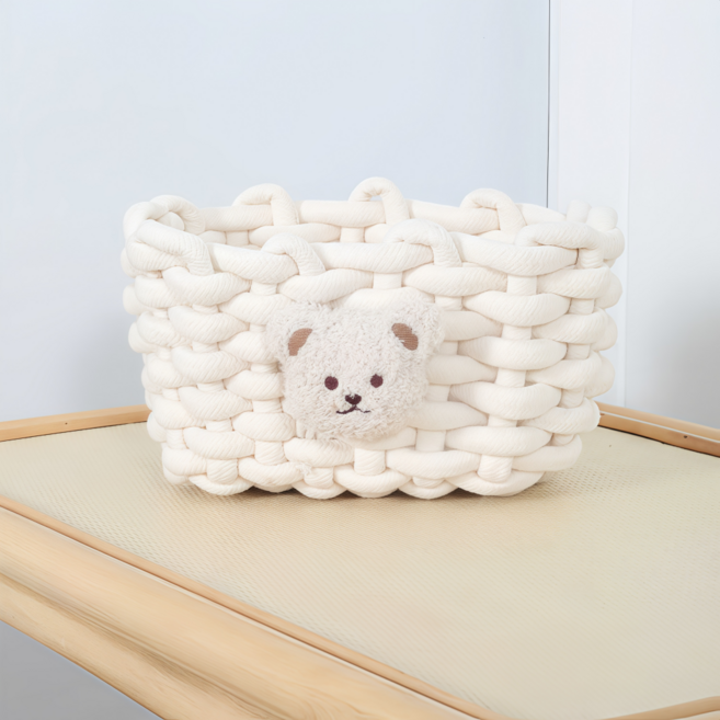 탑우 귀여운 베어 소품 정리 수납 바구니, 1개, 화이트 아이보리 베어