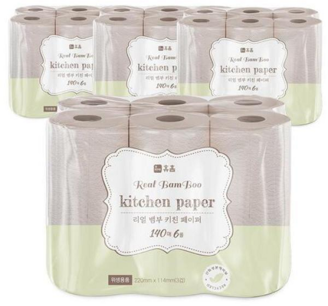 휴홈 무표백 3겹 대나무 키친타올140매 6롤 x 4개