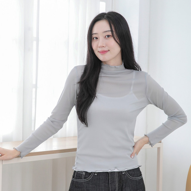 사입자몰 리엣물결티 이너 프릴 시스루 레이어드 폴라 반목 반폴라 반하이넥 티셔츠 블라우스 니트 원피스 여성 미시