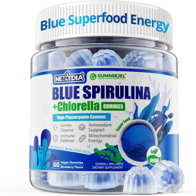 영양 공급 유기농 블루 스피루리나 구미 영양이 풍부한 청록색 조류에서 추출한 고농도 피코시아닌 제 세포 에너, 60개입 (1팩), 1