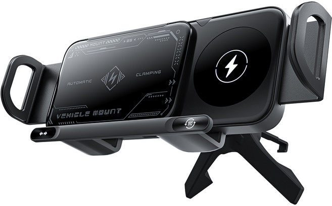 15W 초고속 충전 접이식스크린 차량용 스마트 거치대 자동 회전 +1초 초강력 고정 다양한 모델에 적용 가능, 블랙