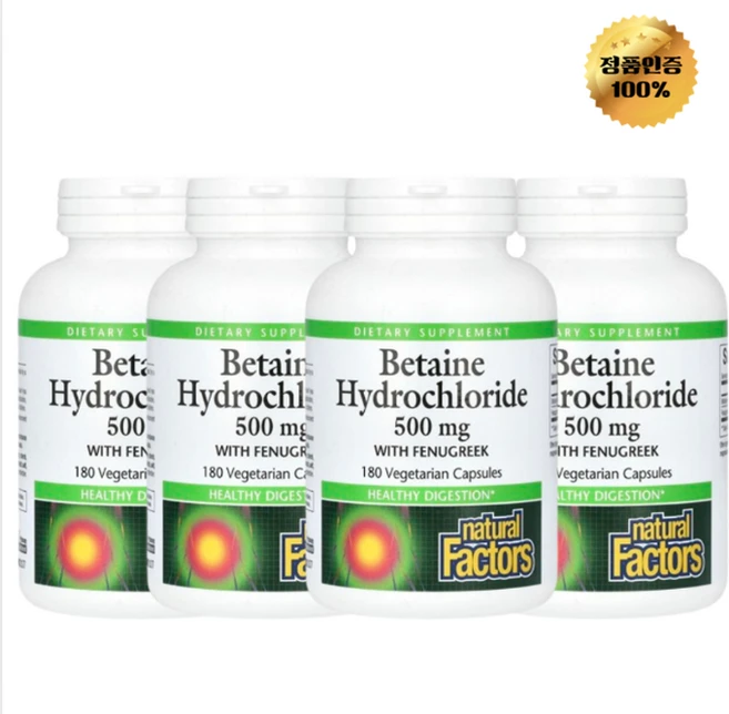 2+2 내추럴 팩터스 베타인 염산염 호로파 함유 500mg 베지 캡슐 180정, 4개, 180회분 - 쿠팡