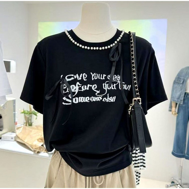 진주 리본 레터링 반팔 티 여자 여름 루즈핏 상의