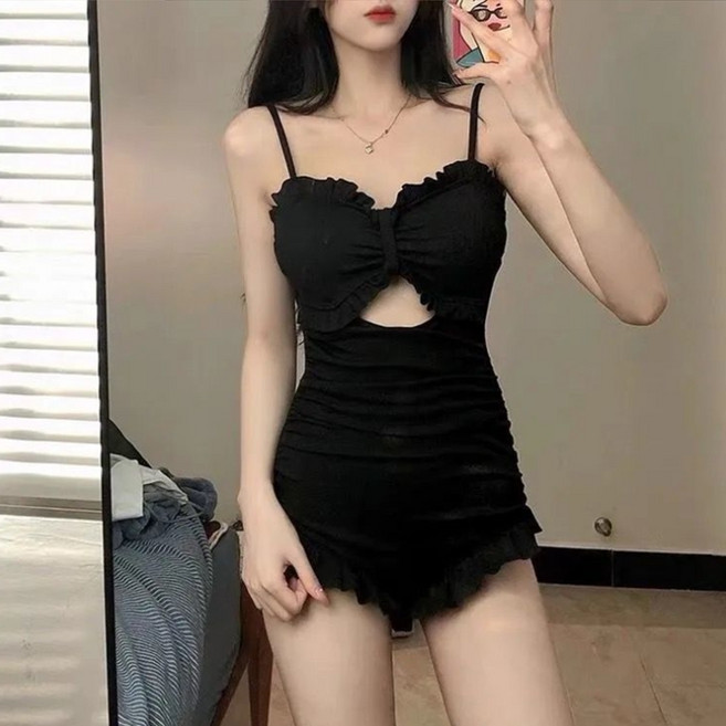 [Bahn 4컬러] 베키 프릴 모노키니 원피스 수영복, 블랙