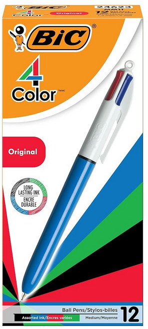 BIC 4색 오리지널 리트랙터블 볼펜 중간 지점(1.0mm) 12개 팩 오래 지속되는 잉크가 있는 리트랙터블 볼펜
