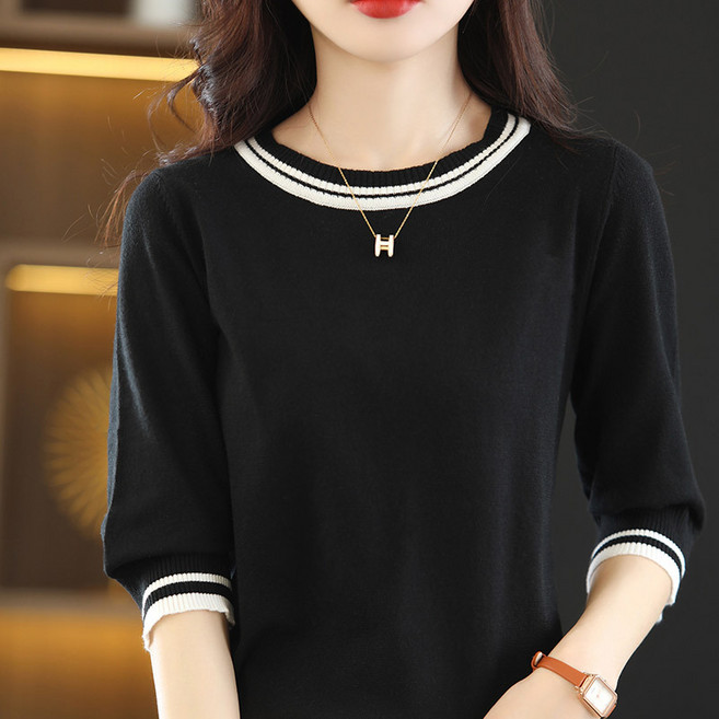 lofei 여성 여름 시원한 스트라이프 카라 반팔 니트 티셔츠 TX26