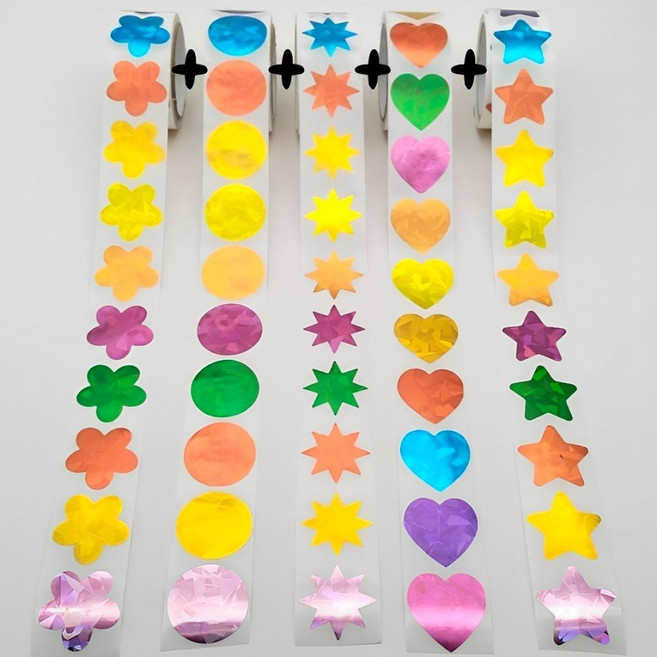 웨젼 1000매 홀로그램 곷잎 별 하트 원형 반짝이 스티커 세트, 5롤, 혼합색상